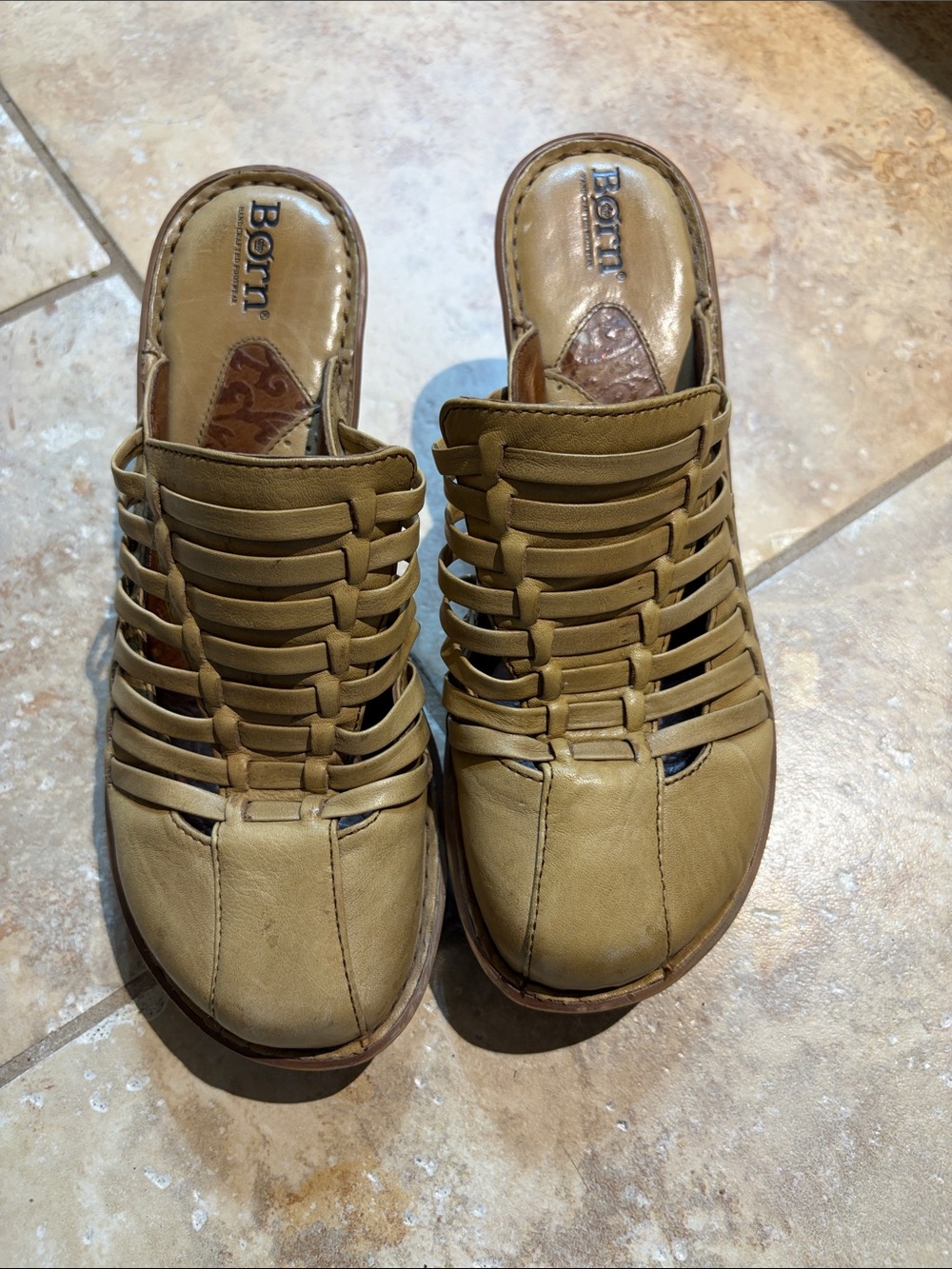 Born Olive-Tan Braided Leather Wedge Mules - Picture 2 of 7